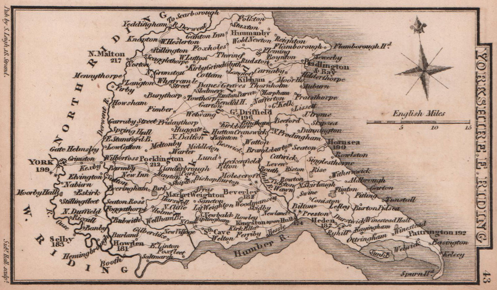 Yorkshire East Riding miniature county map by Samuel Leigh / Sidney Hall c1820